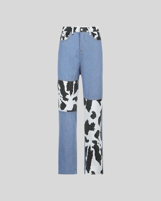 blue Cow Print Straight Jeans