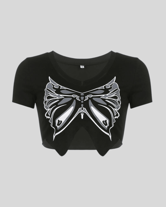 black Butterfly Print Short Sleeve Crop Top