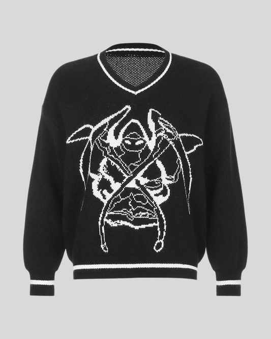 Print V-Neck Loose Sweater black