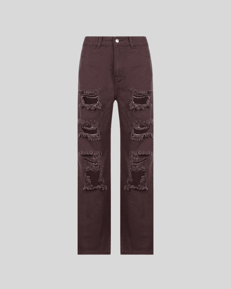brown Ripped Hole Loose Pants