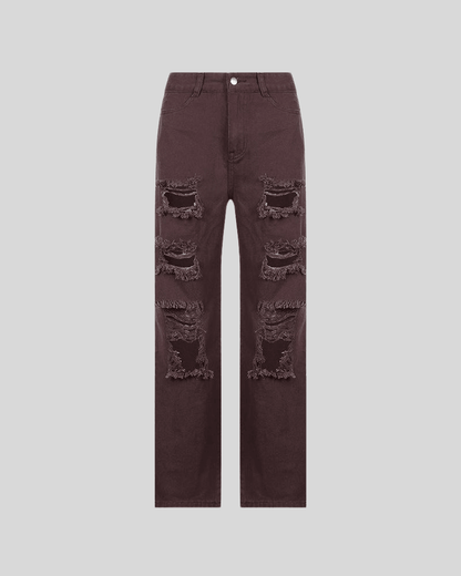 brown Ripped Hole Loose Pants
