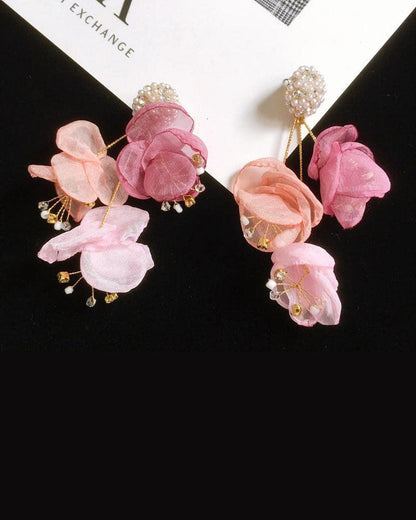 Pink Lace Faux Petal Fringe Earrings