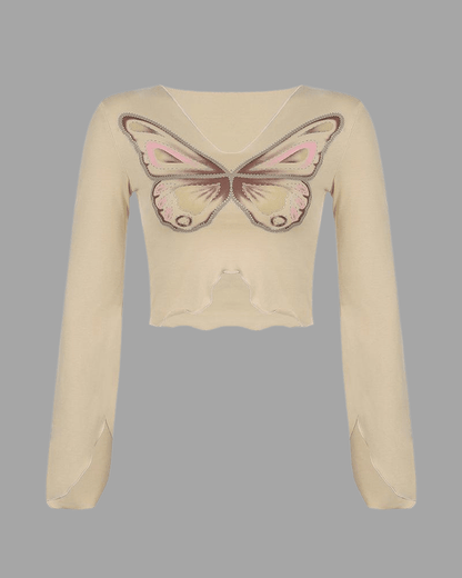 khaki Diamond Butterfly Print Long Sleeve Top