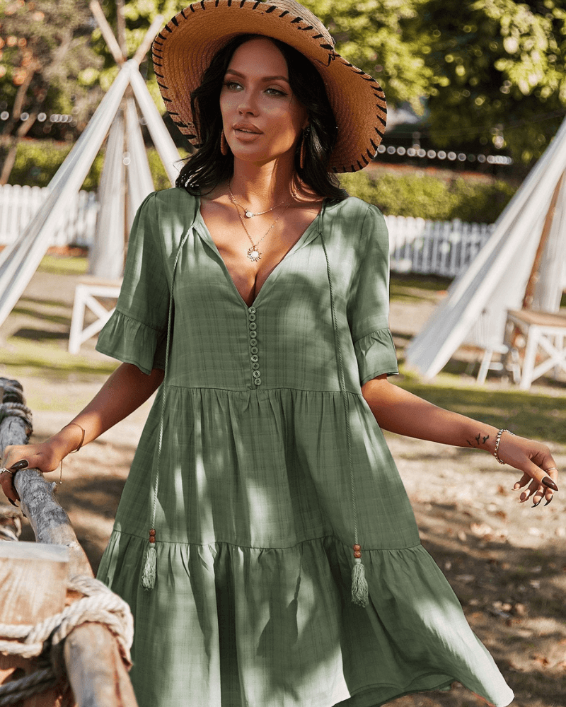 green bohemian loose fit short sleeve dress with buttons