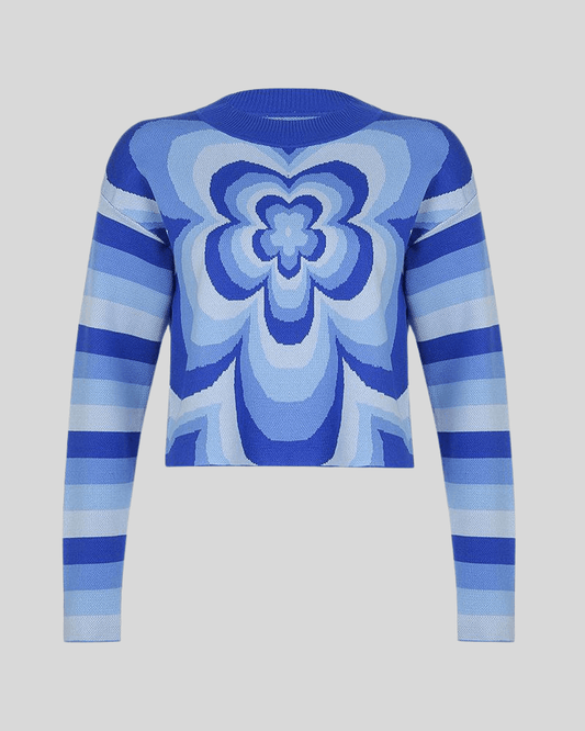 Tie Dye Flower Print Long Sleeve Sweater blue