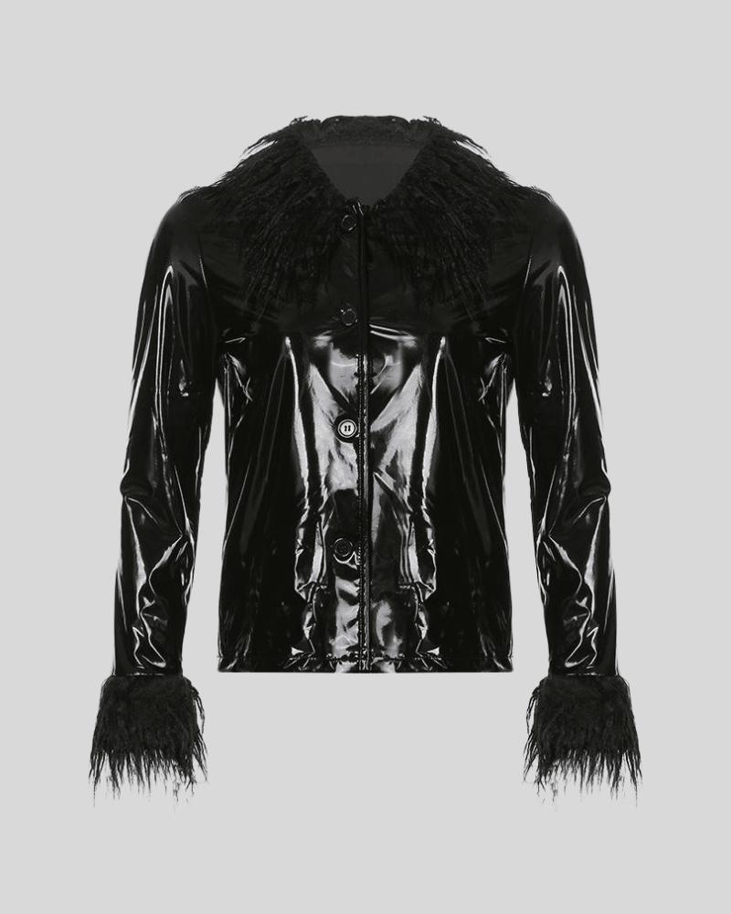 Solid Fur Collar Patchwork PU Jacket black