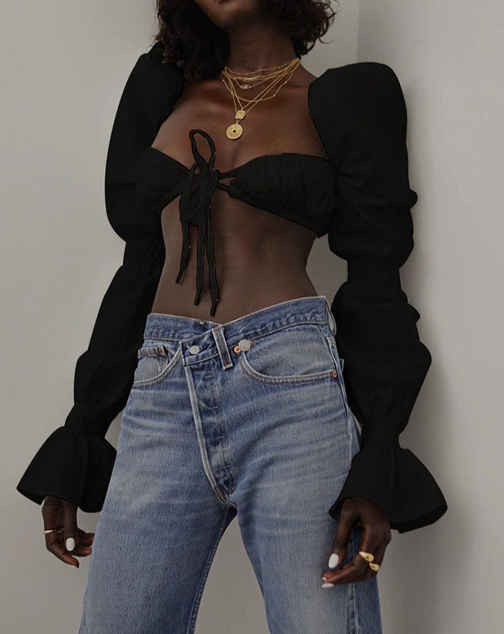 Long Lantern Sleeve Ruched Crop Top