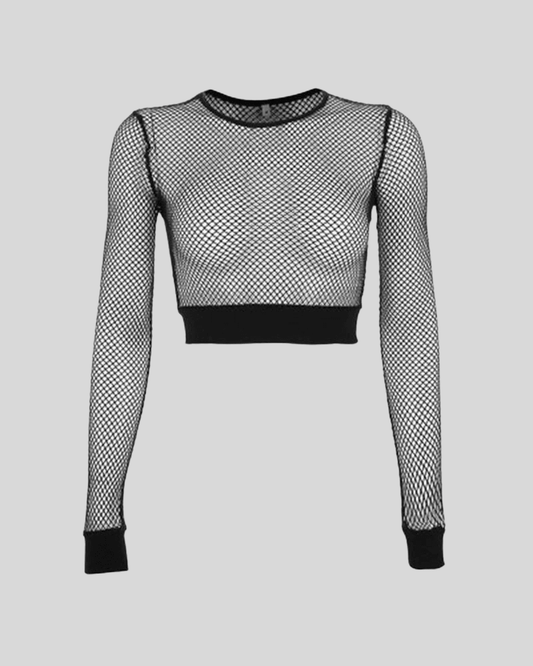 Mesh hollow out Round Neck Top black