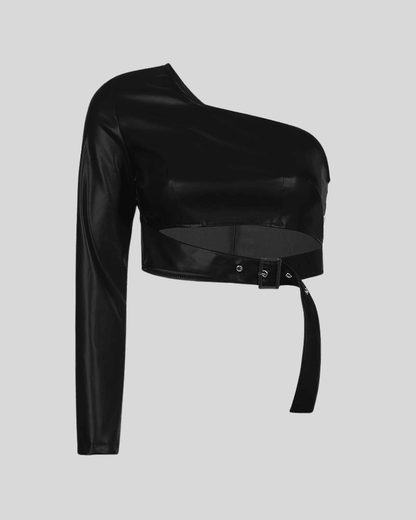 One Shoulder Leather Long Sleeve Top PU material black