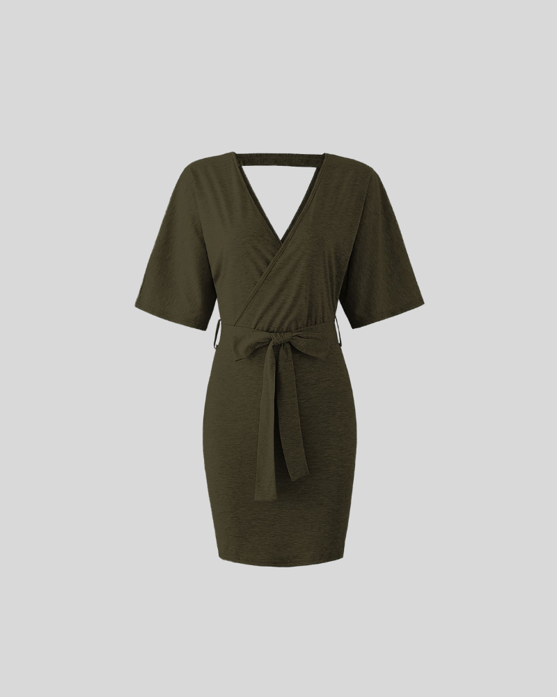 Solid Short Sleeve V Neck Wrapped Mini Dress Olive Green
