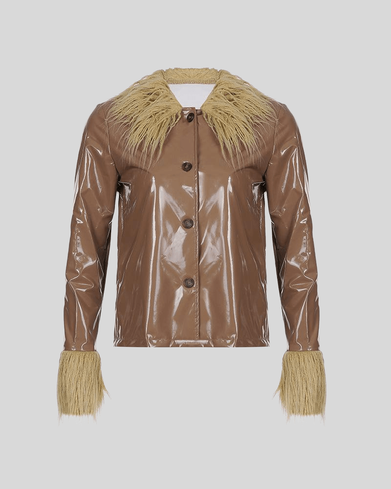 Solid Fur Collar Patchwork PU Jacket brown