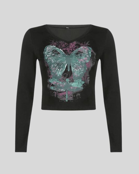 black butterfly print long sleeve cropped top