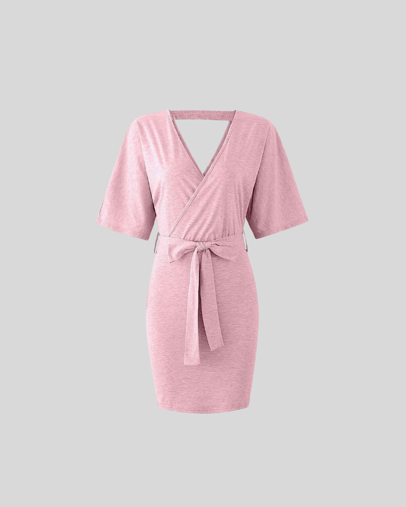 Solid Short Sleeve V Neck Wrapped Mini Dress Pink