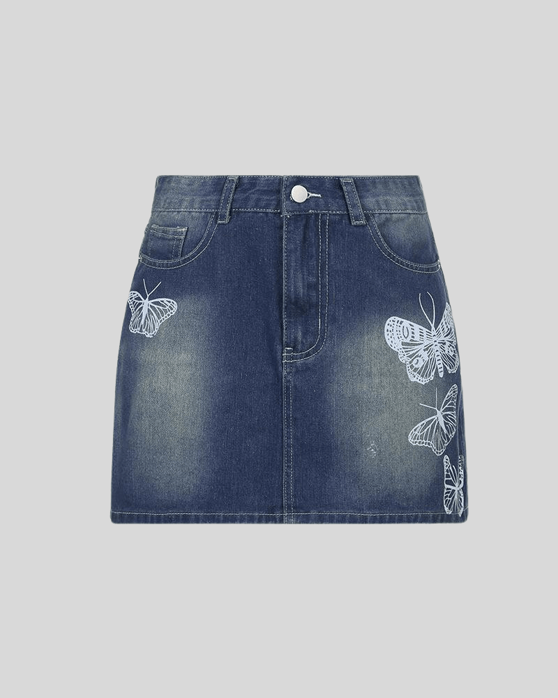 blue butterfly print denim mini skirt