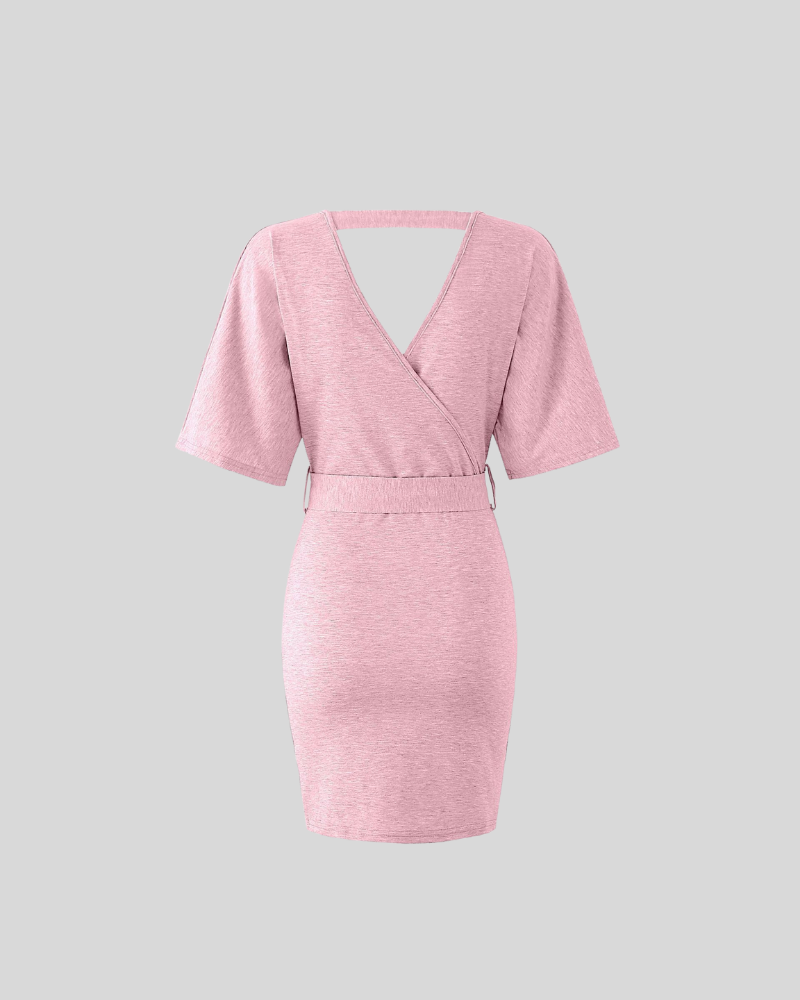 Solid Short Sleeve V Neck Wrapped Mini Dress Pink