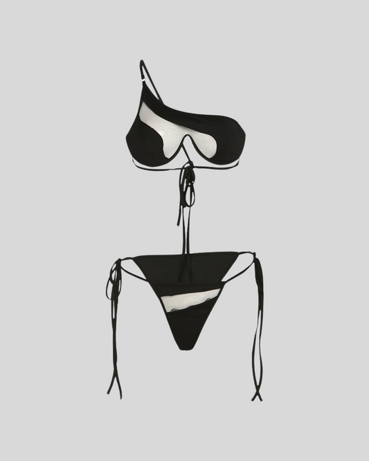 One Strap Mesh Bra & Side Drawstring Bikini Sets