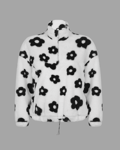 Wool Lapel Flower Print Zip Jacket