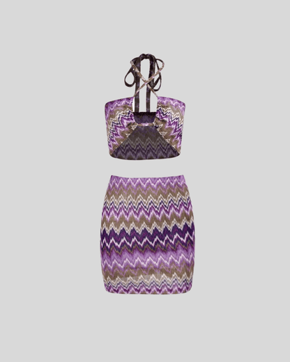 Halter Bustier Print Mini Skirt purple