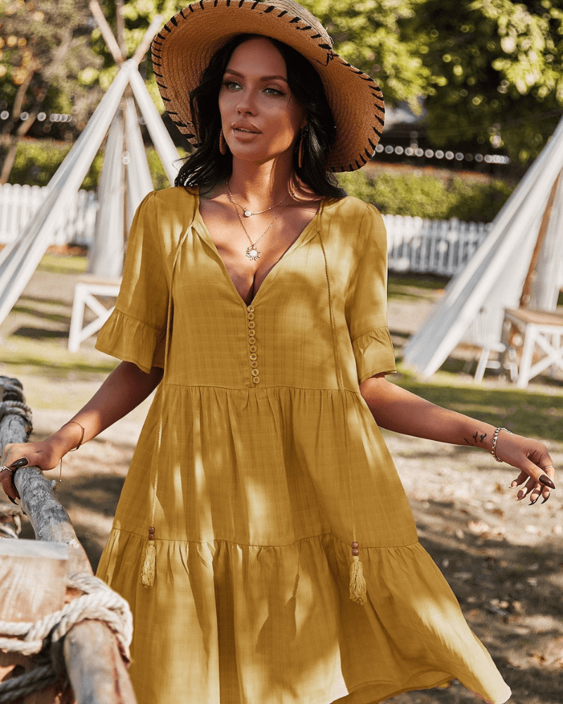 yellow bohemian loose fit short sleeve dress with buttons