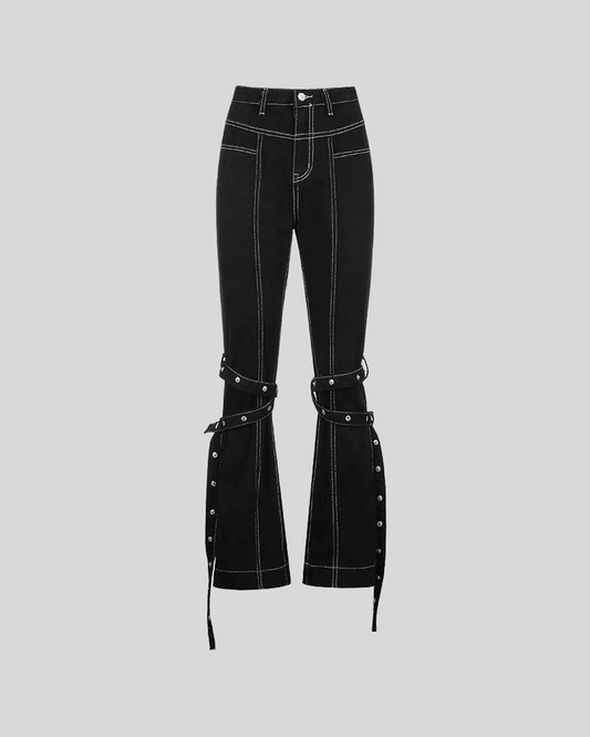 Buckle Strap Printed Flare Jeans black