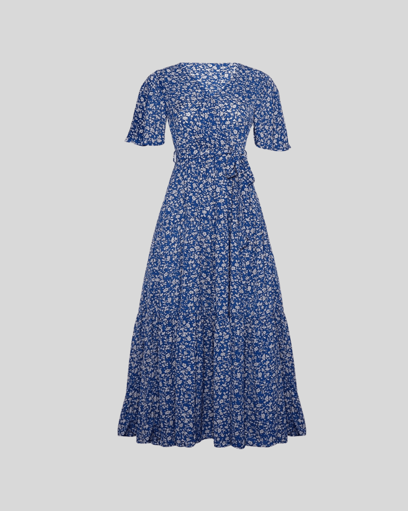 Boho Floral Print Short Sleeve Midi Dress blue