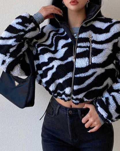 Faux Fur Cropped Jacket Zebra
