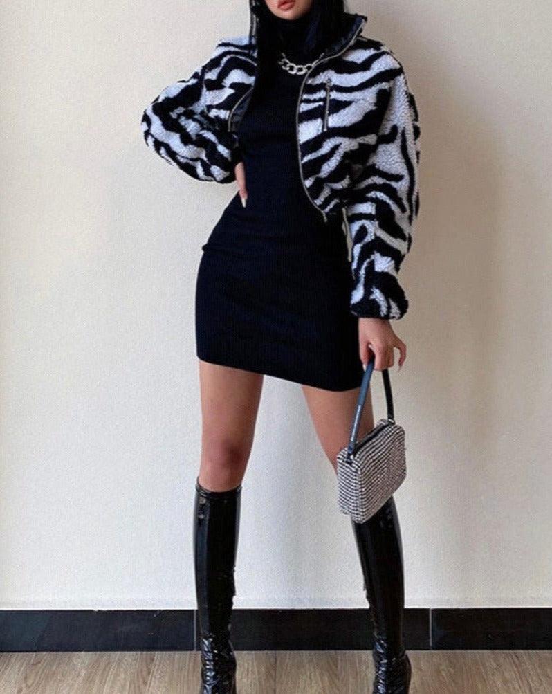 Faux Fur Cropped Jacket Zebra