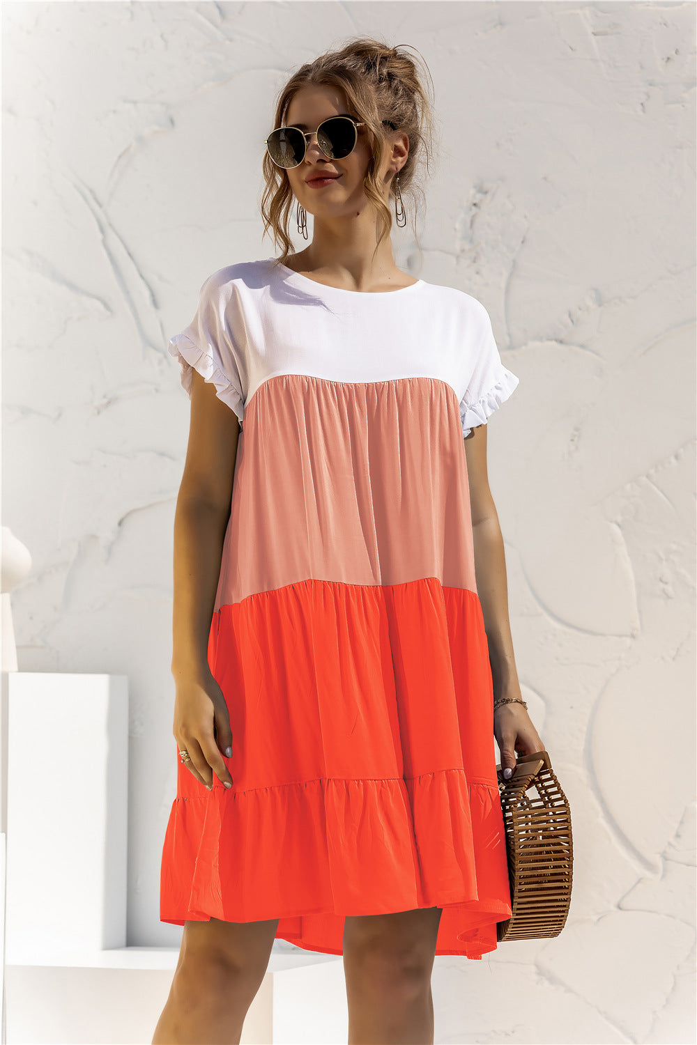 Boho Minimalist Short Sleeve Color Blocks Loose Mini Dress