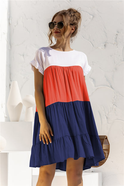 Boho Minimalist Short Sleeve Color Blocks Loose Mini Dress