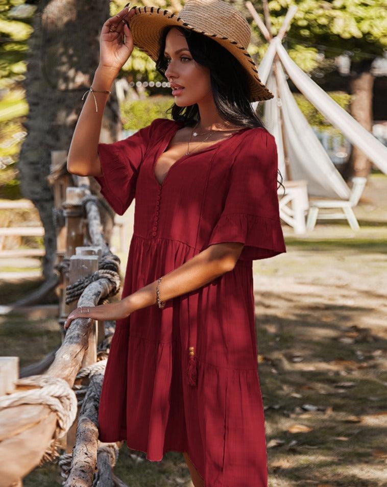 red bohemian loose fit short sleeve dress with buttons