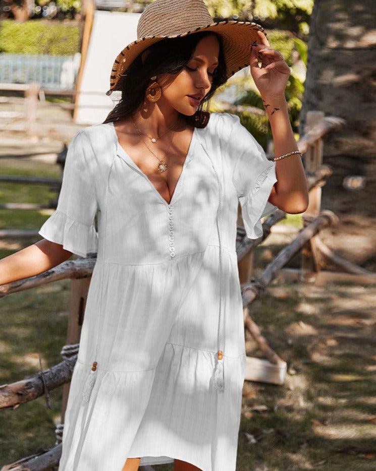 white bohemian loose fit short sleeve dress with buttons