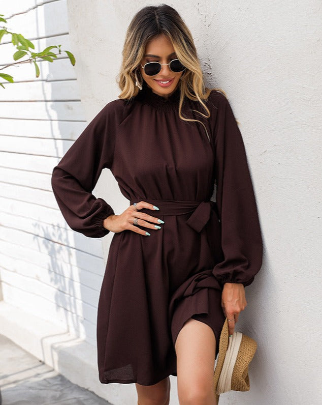 Boho Solid Waist Wrapped Long Sleeve Mini Dress Brown