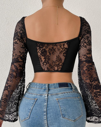 Patch Front buckles Corset Lace Long Sleeve Top Black