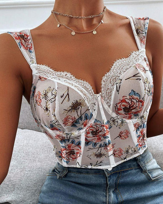 Y2K Flowers Print Lace-Up Cropped Cami Top White