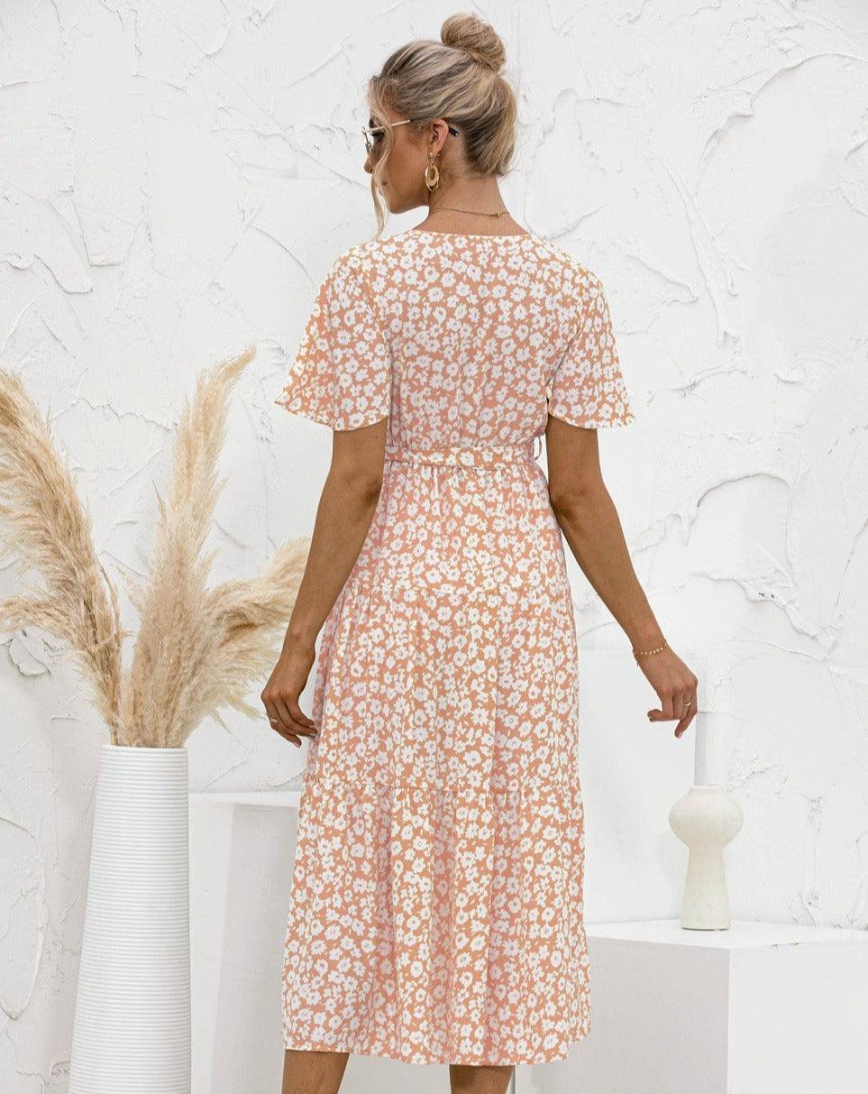 Boho Floral Print Short Sleeve Midi Dress orange