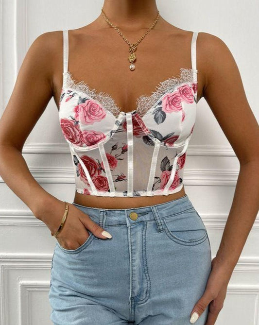 Lace Sheer Patch Rose Print Cami Top White