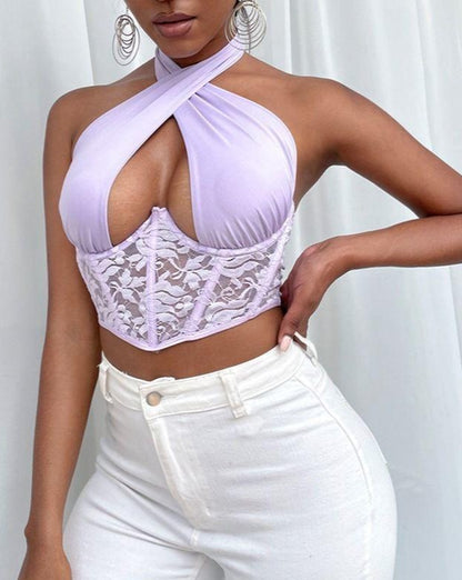 Solid Patch Halter Wrapped Backless Lace Bustier