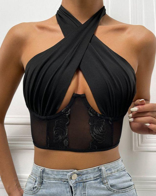 Halter Wrapped Mesh Hollow Out Cropped Bustier Black