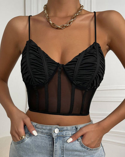 Lace Sheer Ruched Cami Top Black