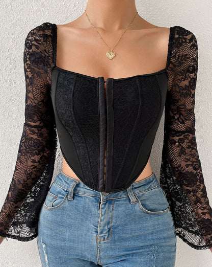 Patch Front buckles Corset Lace Long Sleeve Top Black
