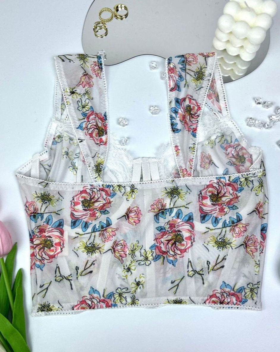 Y2K Flowers Print Lace-Up Cropped Cami Top White