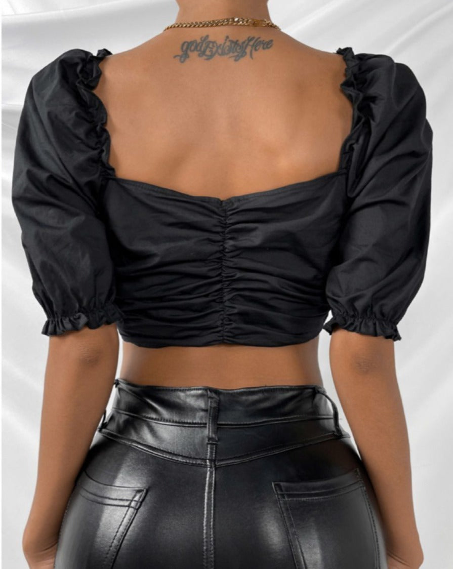 Solid Puff Sleeve Front Strap Crop Top Black