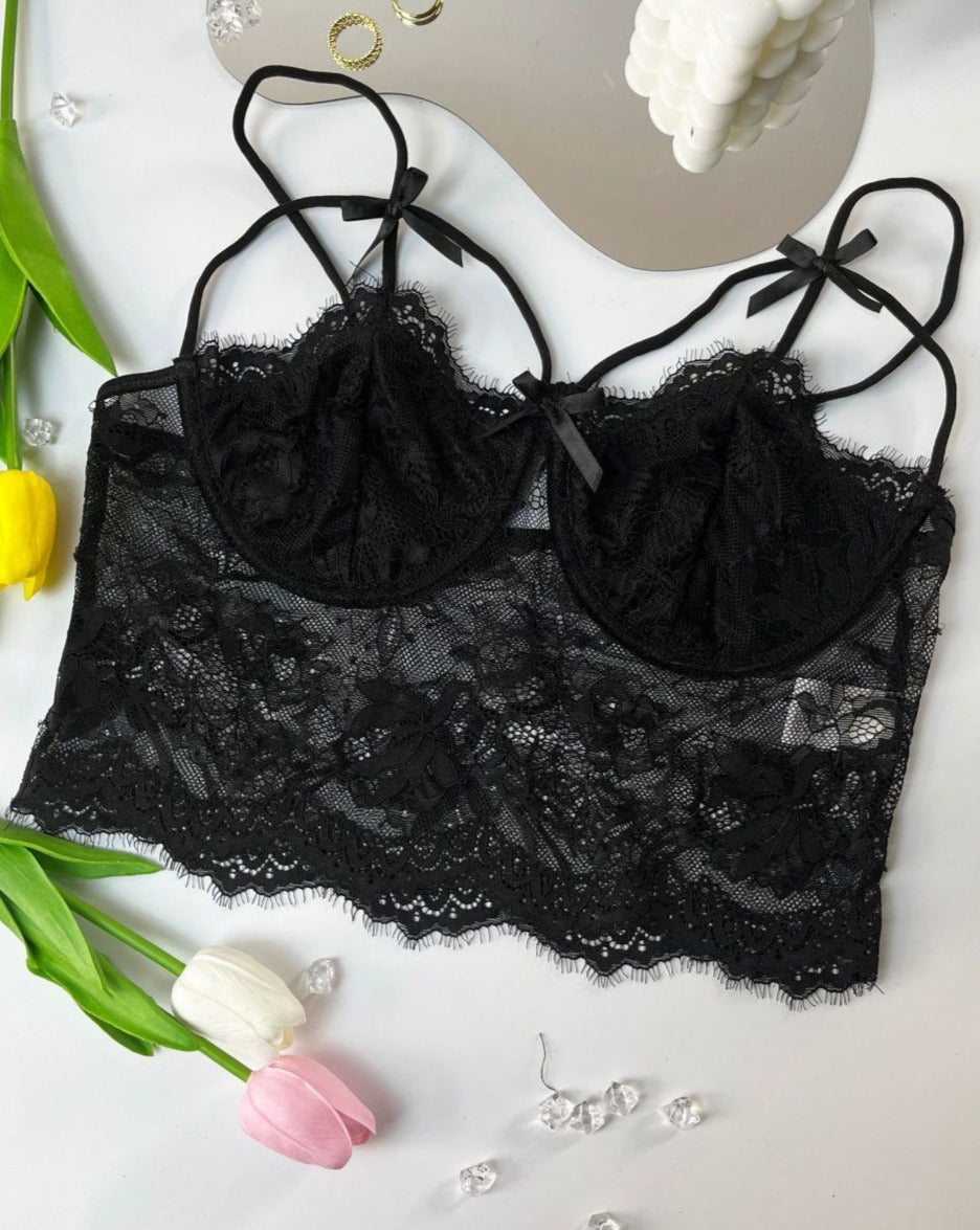 Lace Patch Bow Tie Strap Cami Top Black