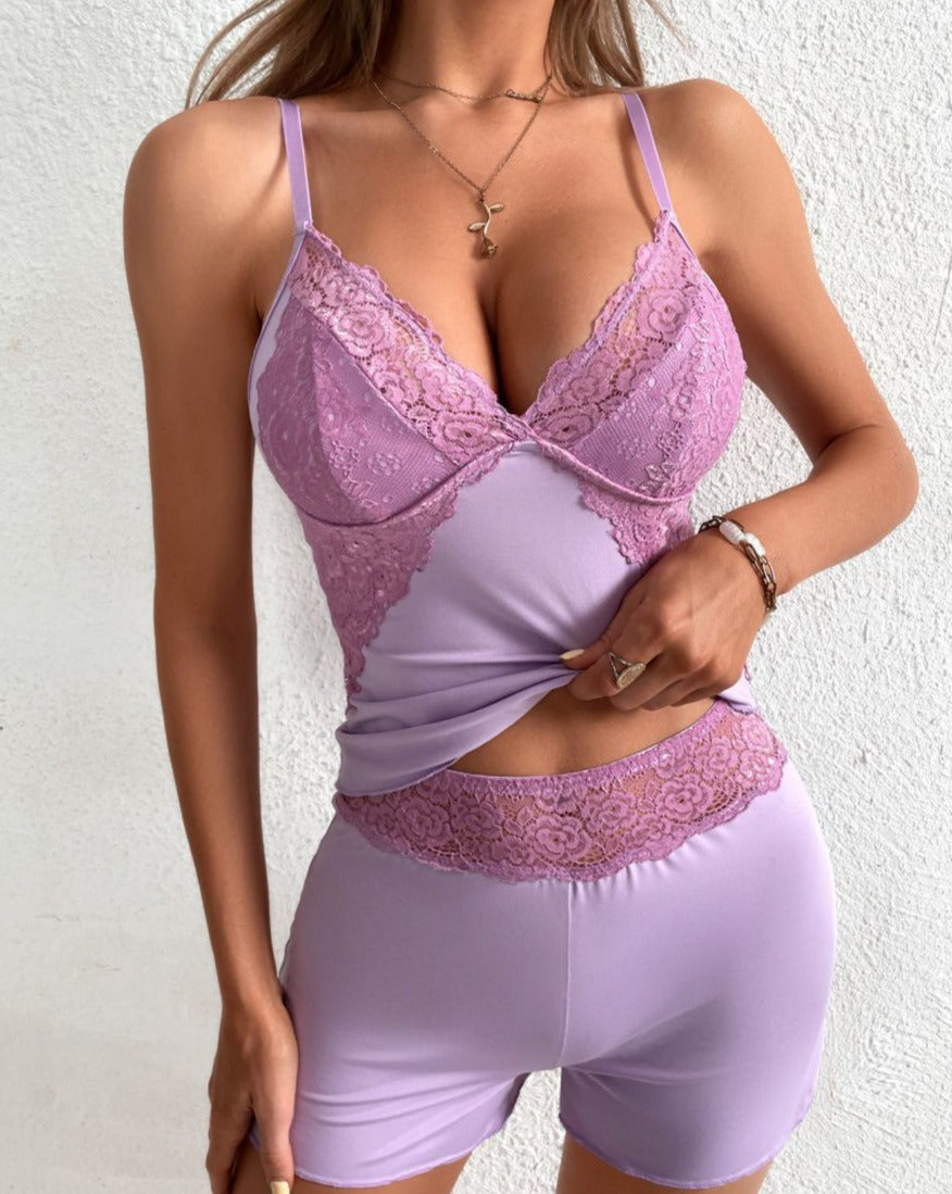Solid Patch Contract Lace Pajama Sets Purple