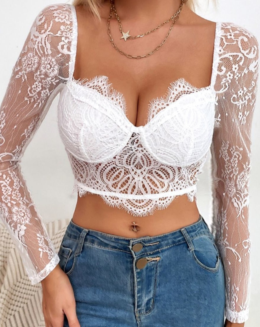 Lace See-Through Long Sleeve Crop Top White