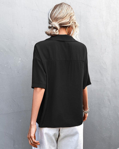 Solid V-Neck Short Sleeve Shirt black