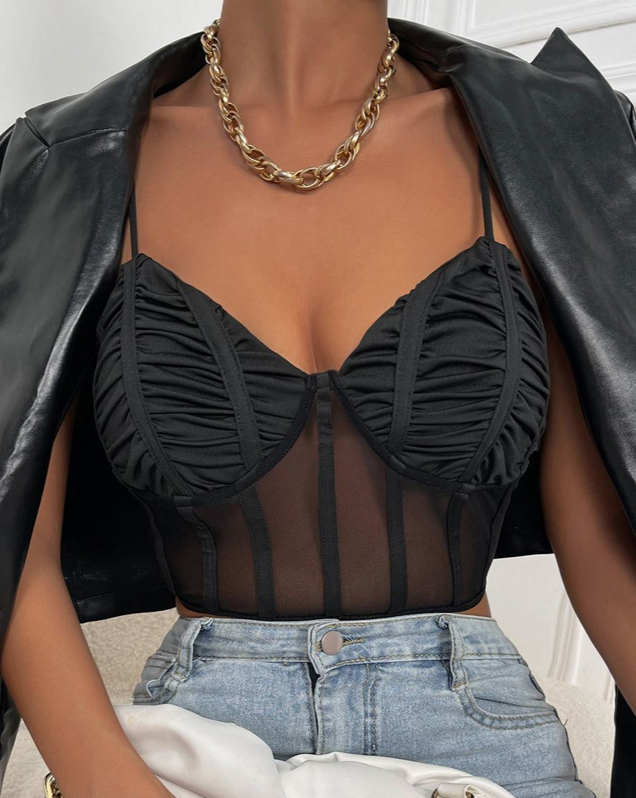 Lace Sheer Ruched Cami Top Black