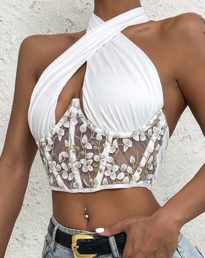 Halter Wrapped Embroidery Sheer Bustier White