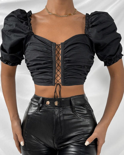 Solid Puff Sleeve Front Strap Crop Top Black
