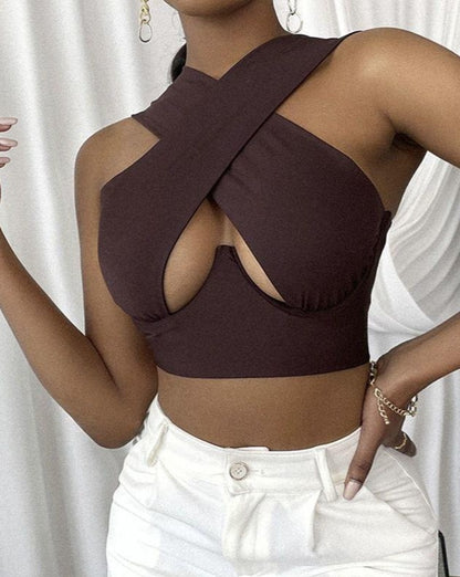 Solid Crossover Backless Cropped Bustier Brown